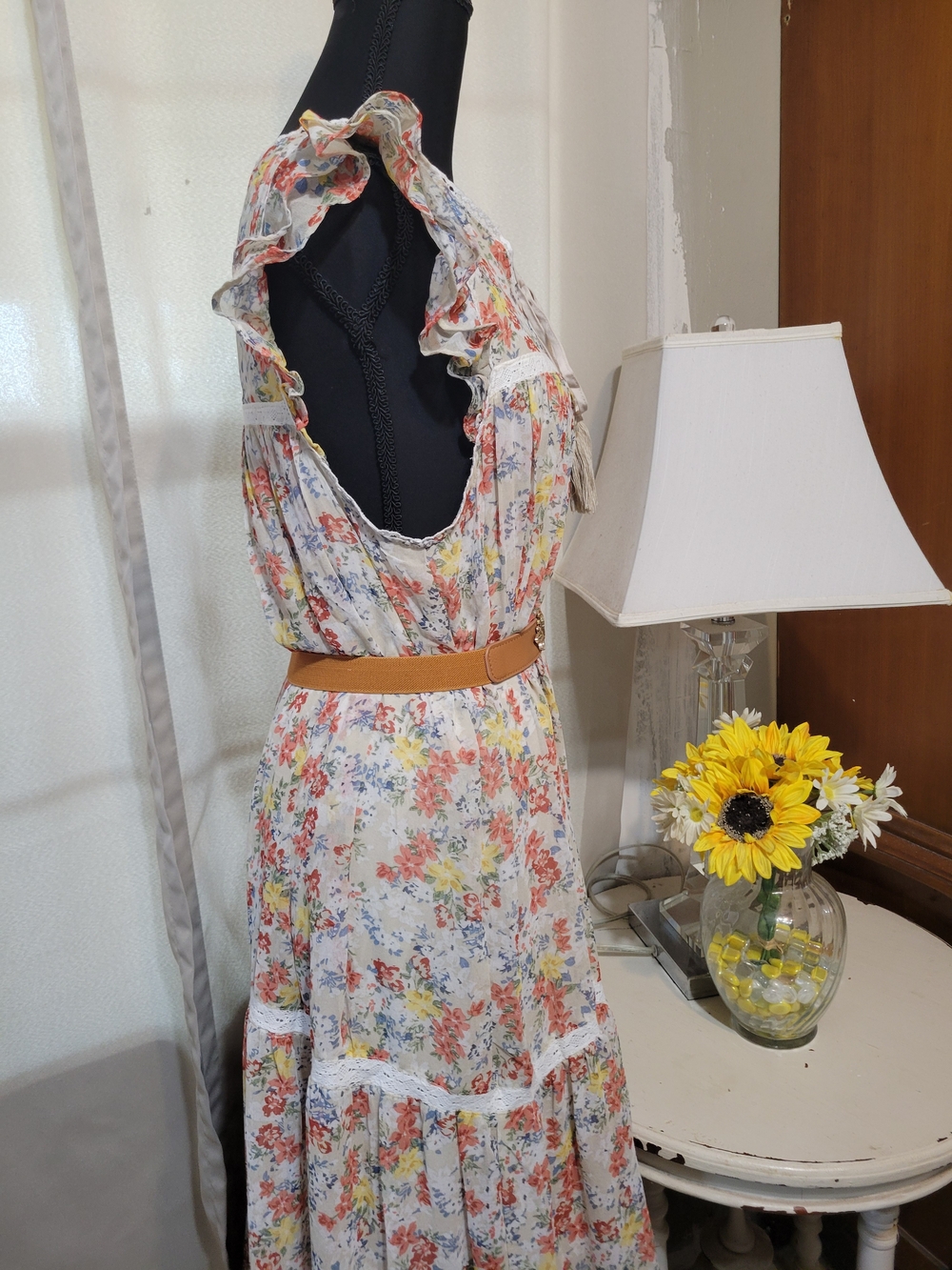 Bohemian Floral Maxi Dress with Tassel Tie - Cream Floral - Picture 3 of 6